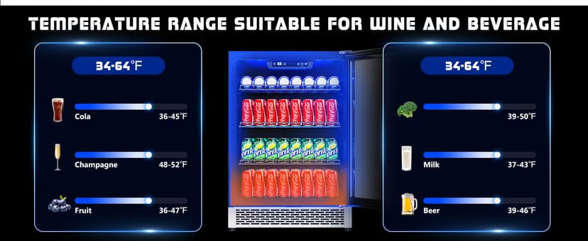 Albott Beverage Refrigerator-24 In fridge with Glass Door, Adjustable Shelves and LED Touch Panel, Under Counter Design for Wine Beer, Built-In or Freestanding Use, 34-64℉