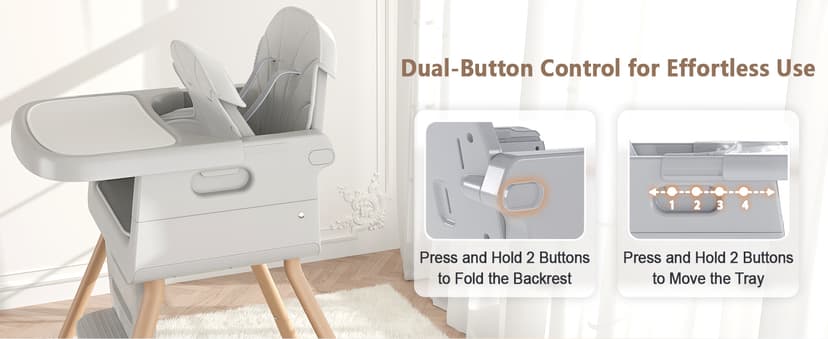 Baby High Chair for 6 Months+, Foldable High Chairs for Babies and Toddlers, Convertible High Chair, Adjustable Tray & Footrest, Portable High Chair & Easy to Clean(Grey with Wood Grain)