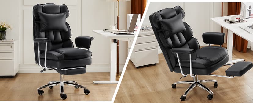 Sweetcrispy Executive Home Office Desk Chair - Ergonomic Big Tall High Back with Footrest & Lumbar Support, Reclining Height Adjustable, Comfy PU Leather Computer Gaming with Swivel Wheels, Black