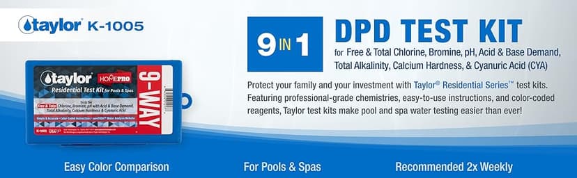 Taylor K-1005 DPD, 9-in-1 Pool Test Kit for Free & Total Chlorine, Bromine, pH, Base Demand, Alkalinity, Calcium Hardness, Cyanuric Acid | Made in The USA, 1 Count