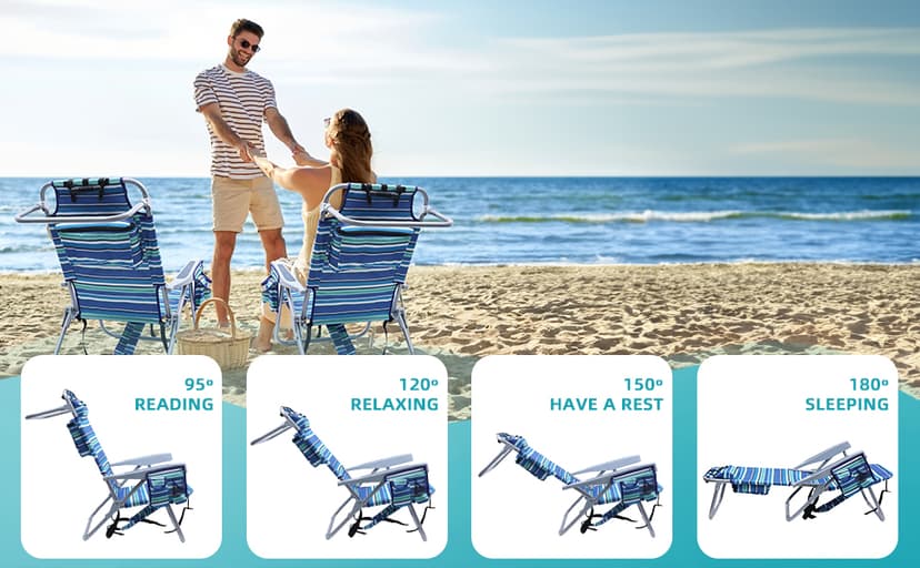Yestomo Beach Chairs for Adults Heavy Duty, Compact Portable Lay Flat Folding Chair with Backpack Straps and Large Cooler Pouch, Support to 350LBS (Stripes_Blue&Cyan)
