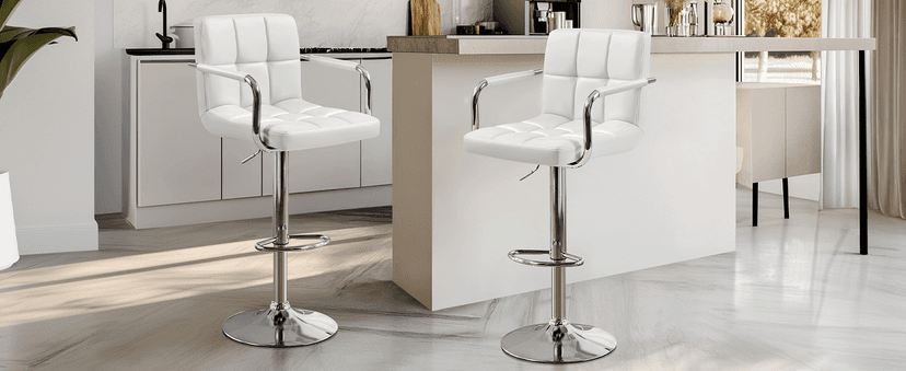 Yaheetech Bar Stools Set of 2, PU Leather Adjustable Swivel Barstools, Hydraulic Kitchen Counter Height Bar Chairs with Armrest and Back for Bar, Kitchen, Dining Room, White