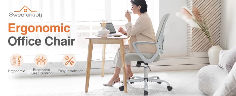 Sweetcrispy Home Office Managerial Executive Chair, Ergonomic Mesh Adjustable Swivel Mid-Back Chair with Comfortable Lumbar Support, Comfy Arms for Bedroom,Study,Student