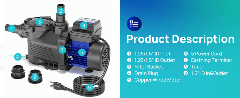 AQUASTRONG Above Ground Pool Pump 115v High Flow 1.25"&1.5''adapter Powerful Self Primming Swimming Pool Pumps with Filter Basket,4332GPH 3/4 HP with Timer