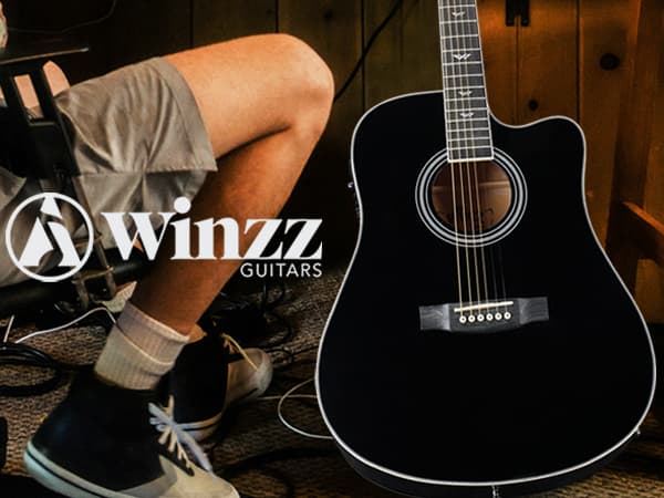 Winzz Acoustic-Electric Guitar 4/4 Full Size for Adults Beginners and Teens, 6 Steel-String Acustica Guitarra Starter Kit, 4-Band Equaliser, 41" Dreadnought Cutaway, Glossy Black, Right Hand