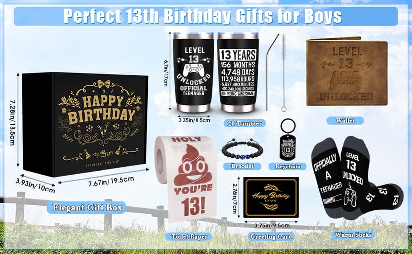 JTAMOHI 8 Pcs Happy 13th Birthday Gifts for Boys, 13 Year Old Boy Birthday Gifts Ideas with 20 Oz Tumbler, Funny Socks, Toilet Paper, Teen Wallet, Bracelet, Keychain for Son, Nephew, Grandson, Brother B0DSPNCMLB
