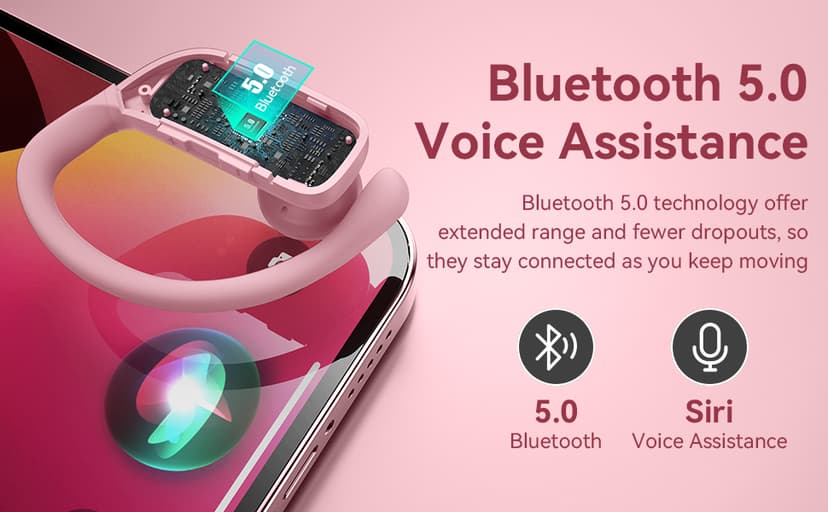 bmani Ear Buds Wireless Earbuds Bluetooth Headphones with 80H Playtime LED Display Case, Over-Ear Hook with Mic, Stereo Sound, Easy Button Controls, Sports Earphones for Running Workout Gym Pink