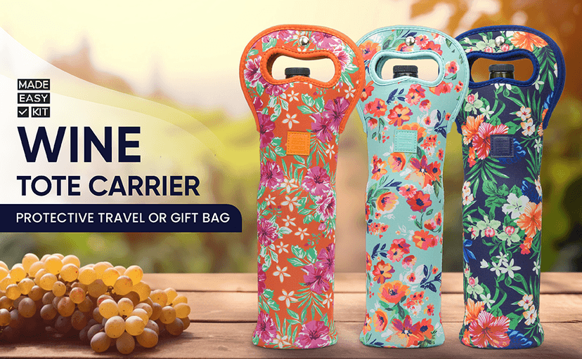 Made Easy Kit Insulated Wine Tote - Neoprene Wine Carrier Bag with Magnetic Handle Clasp - Wine Bottle Protective Travel Bag - Perfect for Gifting Travel or Gift Bag - Set of 3 (Floral Patterns)