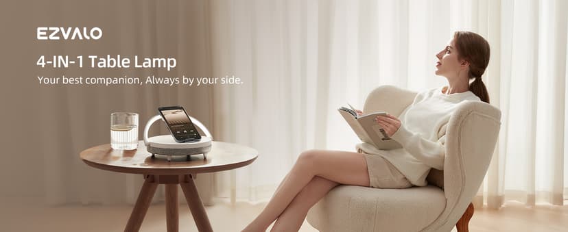 EZVALO Gift for Her, Music Table Lamp with Wireless Charger, 4 in 1 Touch Bedside Lamp, Portable Bluetooth Speaker, Phone Holder, Dimmable LED Night Lights Birthday Gifts for Women, Men, Dad, Mom