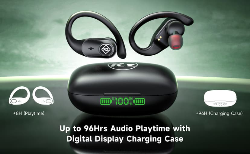 Wireless Earbuds Bluetooth Headphones 96H Playtime LED Display Waterproof Built in Mic Deep Bass Sound Secure Over Ear buds Earhooks for iPhone Android Samsung Cell Phones Sport Workout Gaming Running