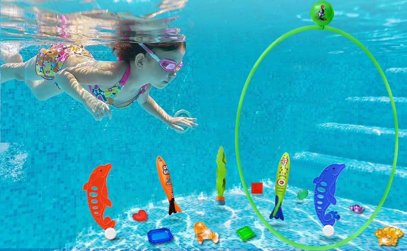 Jasonwell Pool Toys Diving Rings - 28PCS Swim Thru Rings Pool Game Diving Toys with Dive Ring Underwater Treasures Torpedo Bandits Fish Toy Fun Water Swimming Toy for Boys Girls Kids Teens Adults