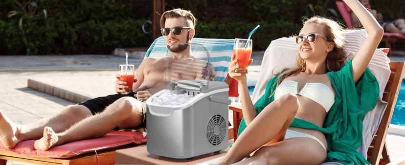 Portable Countertop Ice Maker Machine with Handle, 9 Bullet-Shaped Ice Cubes Ready in 6 Mins, 26Lbs/24H, Self-Cleaning Function with Ice Scoop and Basket for Home/Kitchen/Party (Grey)