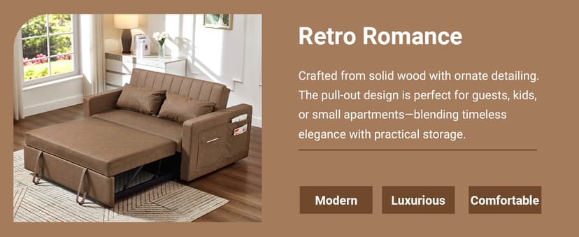 N NOORDENIYA 55'' Leather Sofa Bed, Pull Out Sleeper Sofa Couch Bed, Loveseat Sleeper, Futon Sofa Couch with Side Pocket, Convertible Sofa Bed for Living Room, Apartment, Bedroom, RV, Brown