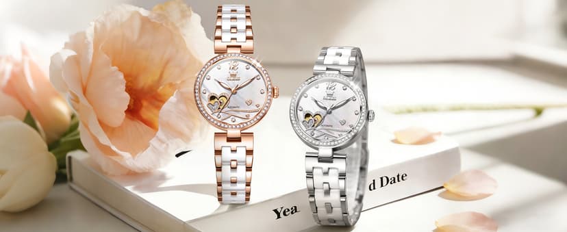 OLEVS Womens Watches Automatic Luxury Dress Ladies Watch Ceramic Strap Rose Gold Self Winding Female Wrist Watch