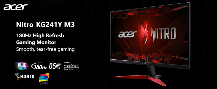 Acer Nitro 23.8" Full HD 1920 x 1080 PC Gaming IPS Monitor | AMD FreeSync Premium | 180Hz Refresh | Up to 0.5ms | HDR10 Support | 99% sRGB | 1 x Display Port 1.2 & 2 x HDMI 2.0 | KG241Y M3biip