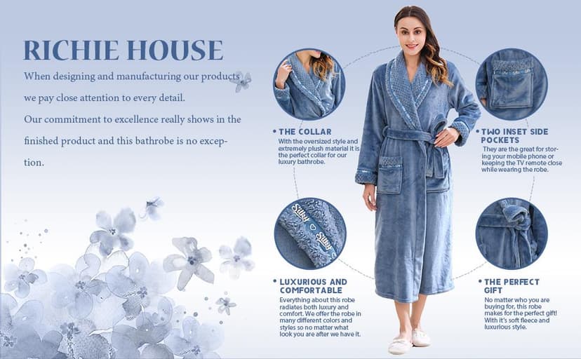 Richie House Women's Plush Soft Warm Fleece Bathrobe Robe RH1591