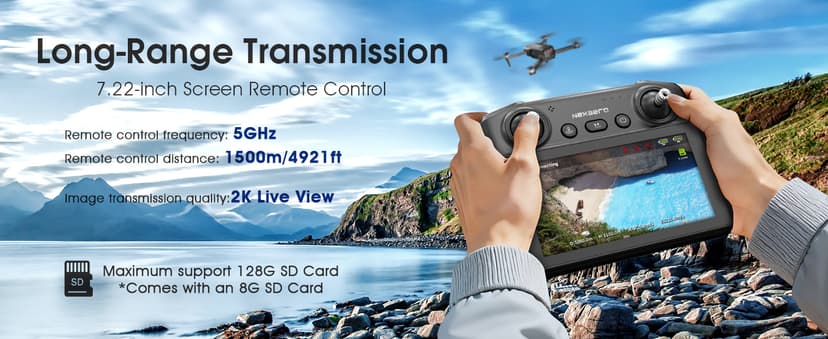 GPS Drone with EIS 2K Camera for Adults, 7.22 inch Screen on Remote Controller, 64 Mins Flight, Long Range Transmission, 3 Speed Adjustable, Follow Me, AI Track, AI Night Shot, Auto Return, Lightweight and Foldable RC Drones for Beginner Toy Gifts, Under 249g