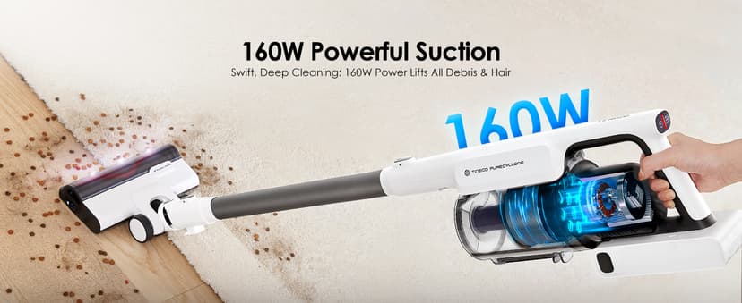 Tineco A30S Cordless Stick Vacuum Cleaner, 160W Suction, 60Min Runtime, 1L Larger Dustbin, ZeroTangle Brush, PureCyclone Tech, LED Headlight, White