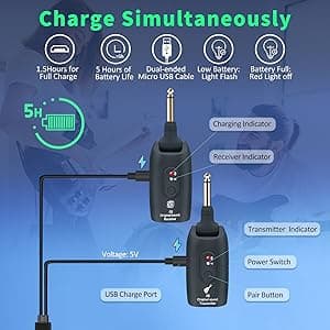 A9 Wireless Guitar System - 2.4GHz Guitar Accessories Transmitter Receiver, 24-bit 48KHz Audio, 100ft Range, No Latency, 4-Hour Rechargeable Battery, for Electric Bass (Black(1TX+1RX))