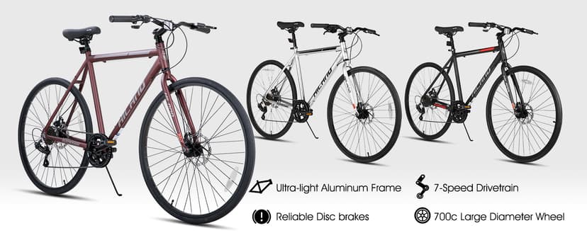 HILAND 700C Road Hybrid Bike, 7 speeds Bikes Urban City Commuter Bicycle with Disc Brake for Men Women Adult Comfortable Bicycle