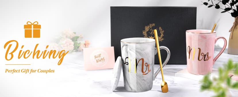 Gifts for Anniversary Bride and Groom, 14oz Ceramic Mr and Mrs Mug Set with Real Gold Foil, Greeting Card, Gift Box Biching Wedding Gifts for Couples 2026, Bridal Shower Engagement Gift B0CF3SG6DX