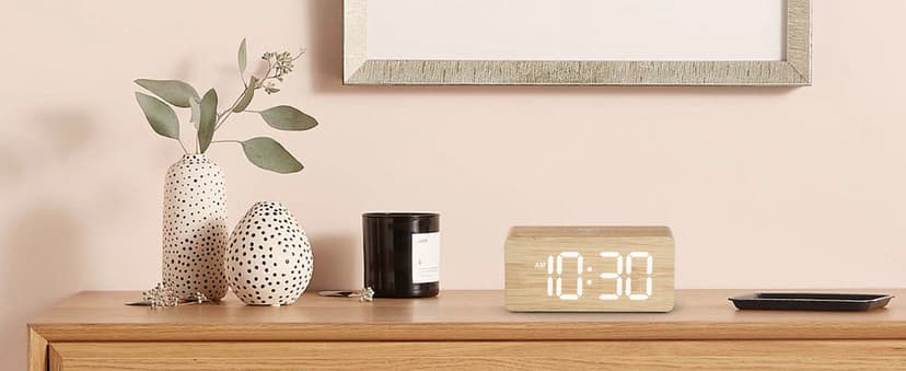 uscce Wooden Digital Alarm Clocks for Bedrooms: Dimmable Dual Alarm Clock with Large Numbers for Bedside Desk - Loud Alarm for Heavy Sleepers with Volume Control - Wood Decor & Gifts