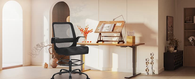 Drafting Chair for Standing Desks, 500LBS Capacity Tall Office Chair with Adjustable Height, Foot Ring, Flip-Up Armrests, Thick Curved Seat for Home Office, Drawing, and Creative Work