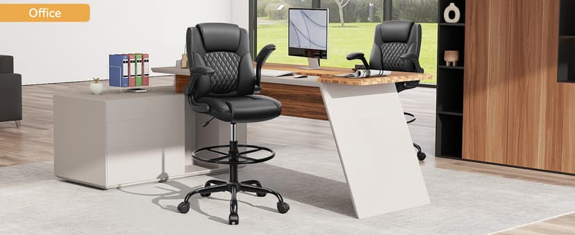 Drafting Chair,Tall Office Chair for Standing Desk,High Executive Leather Ergonomic Computer Chair with Adjustable Height and Flip-Up Armrest for Counter Height Desk,Black