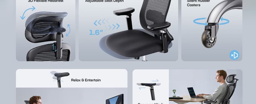 Marsail Ergonomic Office Chair with 6D Armrests, Ergonomic Chair with 3D Adjustable Headrest, Slide Seat, Lumbar Support, and 4-Position Tilt Lock – Big and Tall Office Chair with 330 lbs Capacity