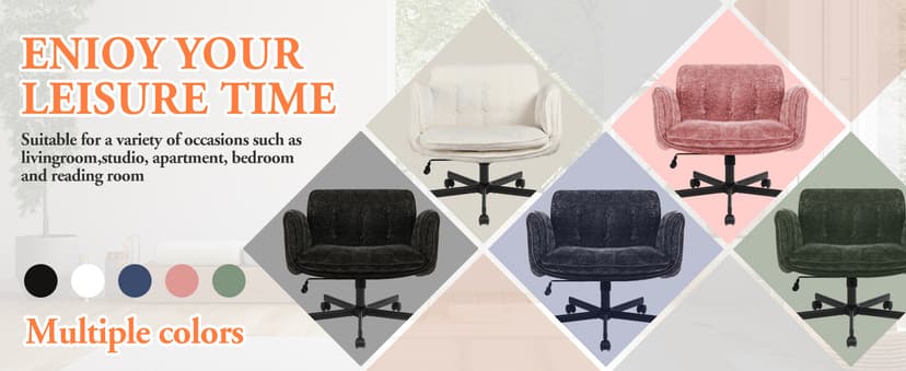Criss Cross Chair with Wheels & Arms, Chenille Cross Legged Office Chair with 5-level Folding Armrest, Comfortable Adjustable Swivel Vanity Chair for Home, Make Up, Bed Room, Office, Accent (Black).