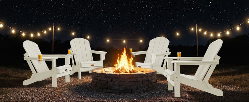SERWALL Folding Adirondack Chair Set of 2, All Weather Patio Chair with Wood Texture, Fire Pit Chairs for Outdoor - White