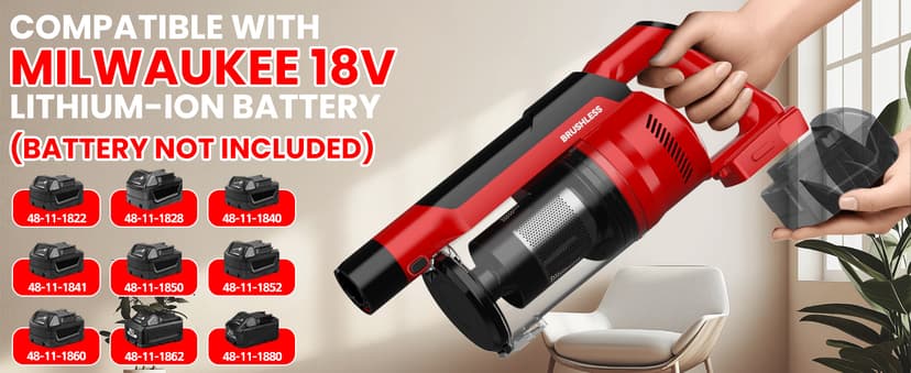 ZEXAPE Cordless Vacuum Cleaner for Milwaukee M18 Battery, 7-in-1 Lightweight Stick Vacuum with HEPA Filter, 35KPA Suction, 350W Brushless Motor, 3 Modes for Floor, Carpet, Car(Battery Not Included)