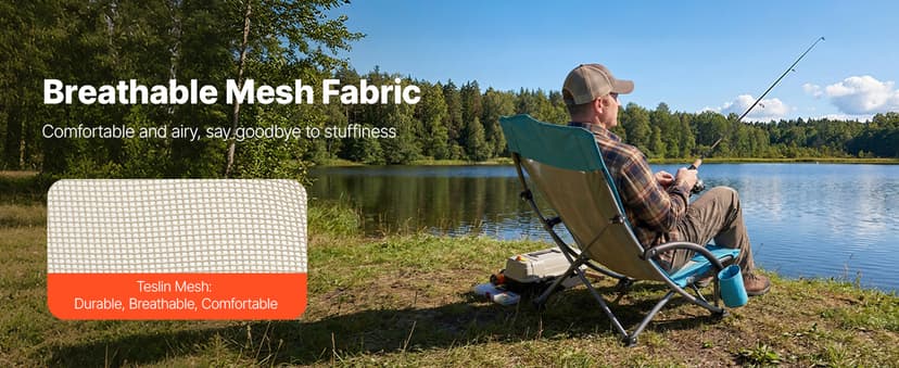 VEVOR Folding Beach Chair, High Back Camping Chairs for Adults, with Cup Pocket, Mesh Back, Carry Bag, Portable Extra Wide Seat Chair 330 lbs Heavy Duty Support, for Outdoor, Camp, Light Blue