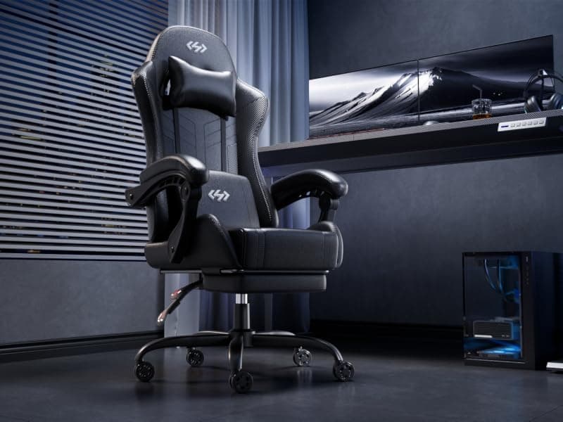 HLDIRECT Gaming Chair, Ergonomic Video Game Seat with 360° Swivel & Lumbar Massage, Computer Chair PU Leather Cushion for Adults Home/Office Use (Black & White)