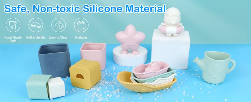 MCGMITT Baby Bath Toys for Kids Ages 1-3, 12 PCS Silicone Mold Free Bathtub Toys for 6-12 Months, Soft Stacking Cups & No Hole Duck & Floating Boats, Beach Sand Water Table Pool Toys for Toddlers