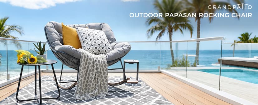 Grand patio Outdoor Rocking Chair, Oversized Papasan Rocking Chair with Thick Cushion, Indoor Outdoor Cozy Rocker for Balcony, Living Room, Patio, Gray