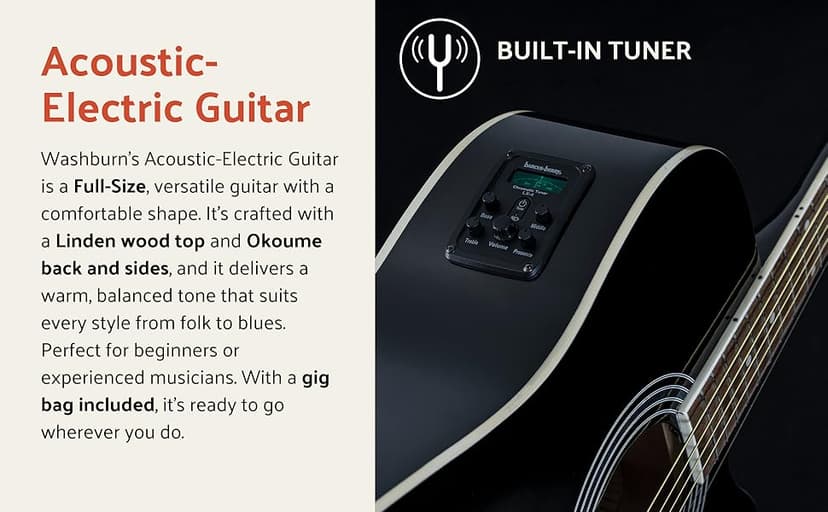 Washburn WA90CE Acoustic-Electric Guitar Kit – Dreadnought Cutaway, Built-In Tuner, Okoume Body – Perfect Holiday Gift for Adults, Beginners, Musicians & Live Performance