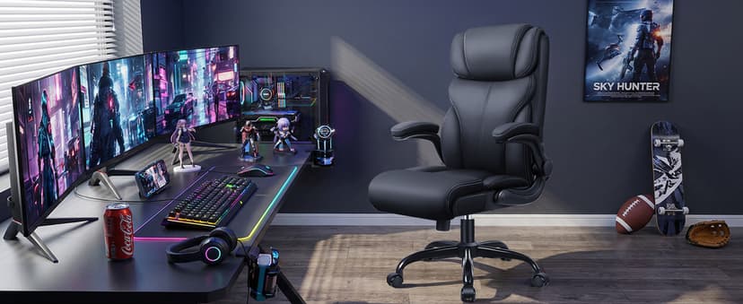 Primy Office Chair, Ergonomic Leather Desk Chair with Flip-up Armrests, Big and Tall High Back Executive Computer & Gaming Chair with Footrest, Comfy Padded, Rocking Function and Lumbar Support(Black)