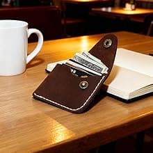 Handmade Handmade Genuine Leather Card Holder with Snap Closure - Ultra Slim Minimalist Wallet, Hand-Stitched Compact Front Pocket Card Case for Men & Women (Dark Coffee)