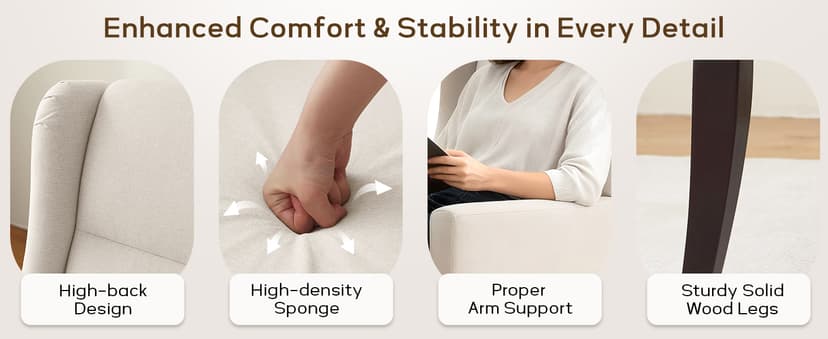 Zihanhome High Back Living Room Chairs, Fabric Accent Chair, Comfy Upholstered Armchair with Wooden Legs for Living Room, Bedroom, Apartment (1, Beige)