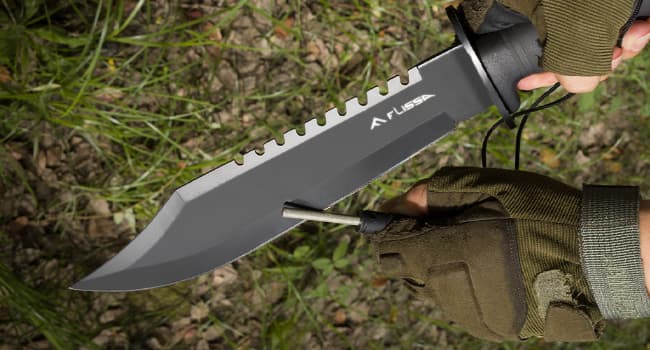 FLISSA Survival Hunting Knife with Sheath, 15-inch Full Tang Fixed Blade Tactical Bowie Knife with Sharpener & Fire Starter for Camping, Outdoor, Bushcraft