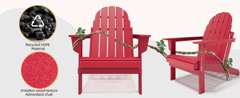 BUPPLEE Folding Adirondack Chair, 450 LBS Heavy Duty HDPE Poly Lumber Fire Pit Chair for Outside, All-Weather Resistant Plastic Adirondack Chairs for Patio, Garden, Deck & Backyard, Red