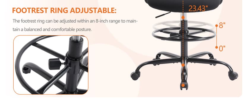 Sweetcrispy Tall Drafting Desk Chair - Ergonomic High Stool Computer with Adjustable Height and Comfy Lumbar Support, Office Rolling Counter with Flip-up Arm and Footrest, Black