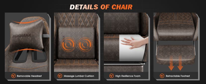 Ferghana Vintage PU Leather Gaming Chair, High Back Gamer Chair with Massage, Ergonomic Computer Office Chair with Footrest for Adults, Racing Style Reclining Video Game Chair Chestnut Brown