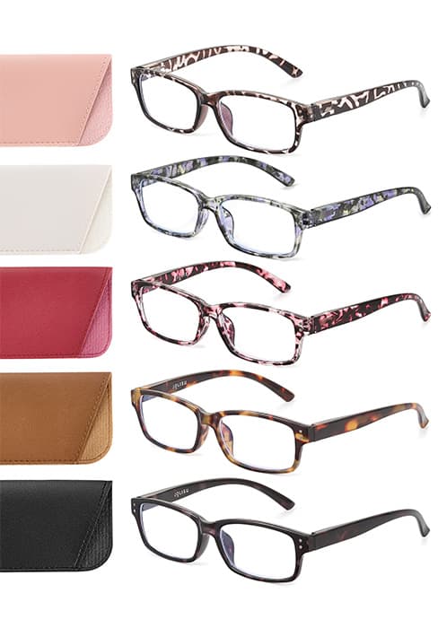 JOLISU 5 Pack Reading Glasses For Women - Stylish Blue Light Blocking Readers -Womens Men Spring Hinge Eyeglasses (2.00)