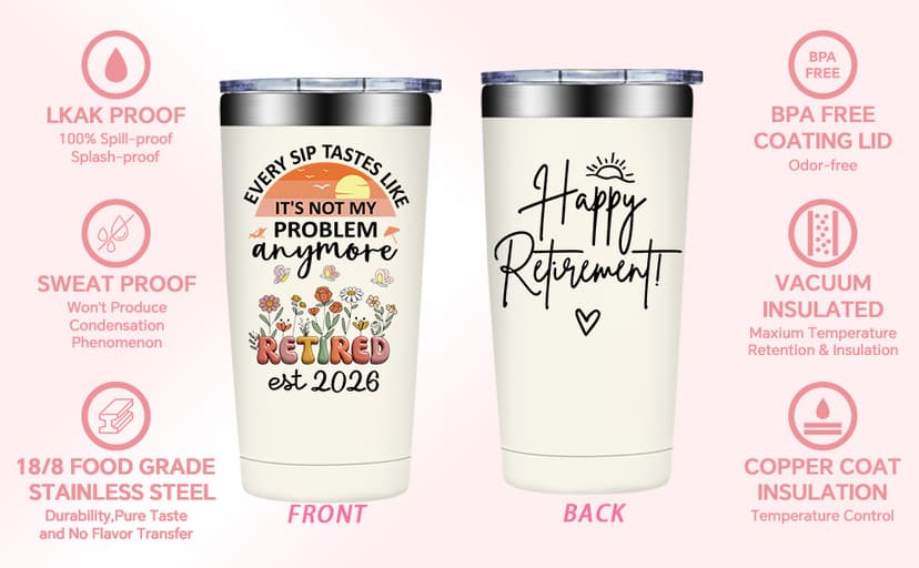 Happy Retirement Gifts for Coworker, Teachers, Nurse, Friends, Family - Every Sip Tastes Like It's Not My Problem Anymore Grifarny Retirement Gift for Woman 2026 - Retirement Tumbler Cup 20 oz B0GVDQD9N9