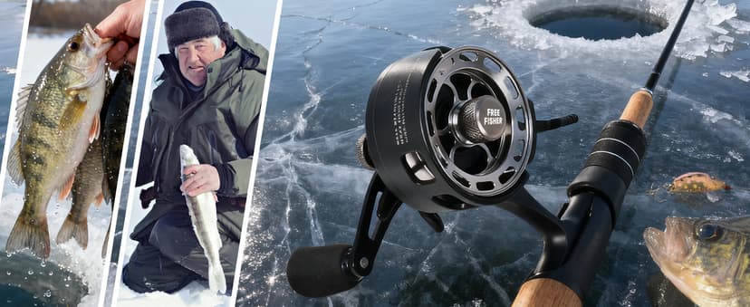 FREE FISHER Ice Fishing Reels 3.2:1 Gear Ratio Ultra Smooth 3+1Ball Bearings Strength CNC-machined Aluminum Inline Ice Fishing Reel with Left/Right Hand Retrieve