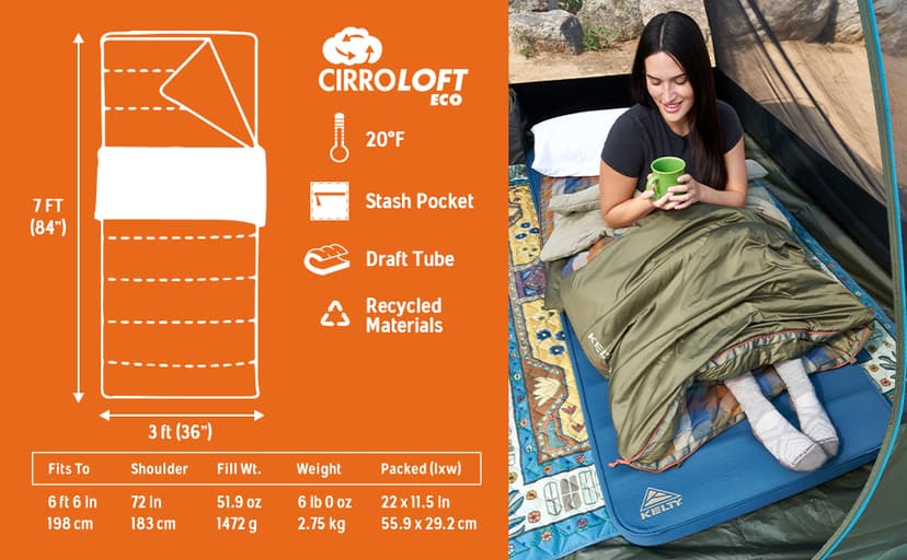 Kelty Wayback Flannel Lined Sleeping Bag, Built in Blanket, Traditional Rectangle Shape, Organic Flannel Cotton Liner, Dual Locking Slide Zips