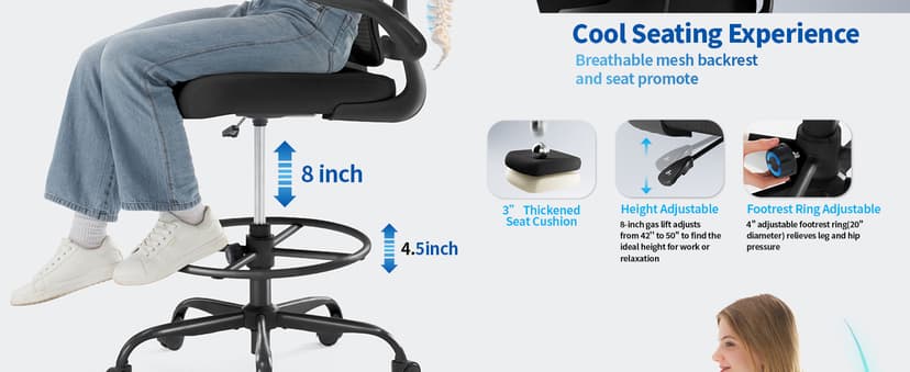 TRALT Drafting Chair - Tall Office Chair for Standing Desk - High Office Chair with Adjustable Footrest Ring Lumbar Support - Tall Office Chairs for Home Office with Flip-Up Armrests (Black)