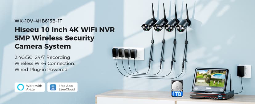 Hiseeu Home Security Camera System, 24/7 Recording Wired Plug-in Powered 4Pcs 5MP Outdoor Cameras, 10.1" LCD 16CH 8MP NVR&Monitor, One-Way Audio, Motion Detection, 1TB HDD, 2.4G/5G Wireless WiFi Pro